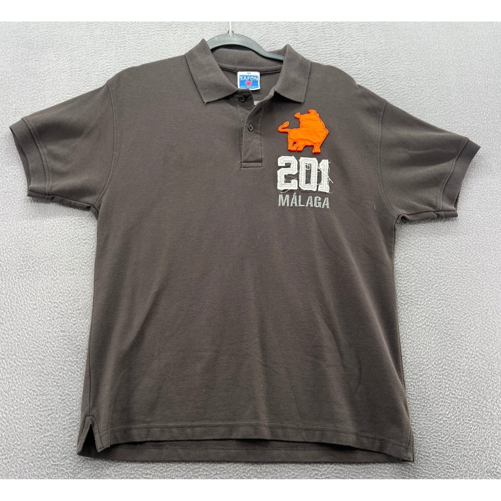 VTG Safon Malaga Spain Bull Graphic Polo Shirt Mens Sz M Brown Cotton Short Slv